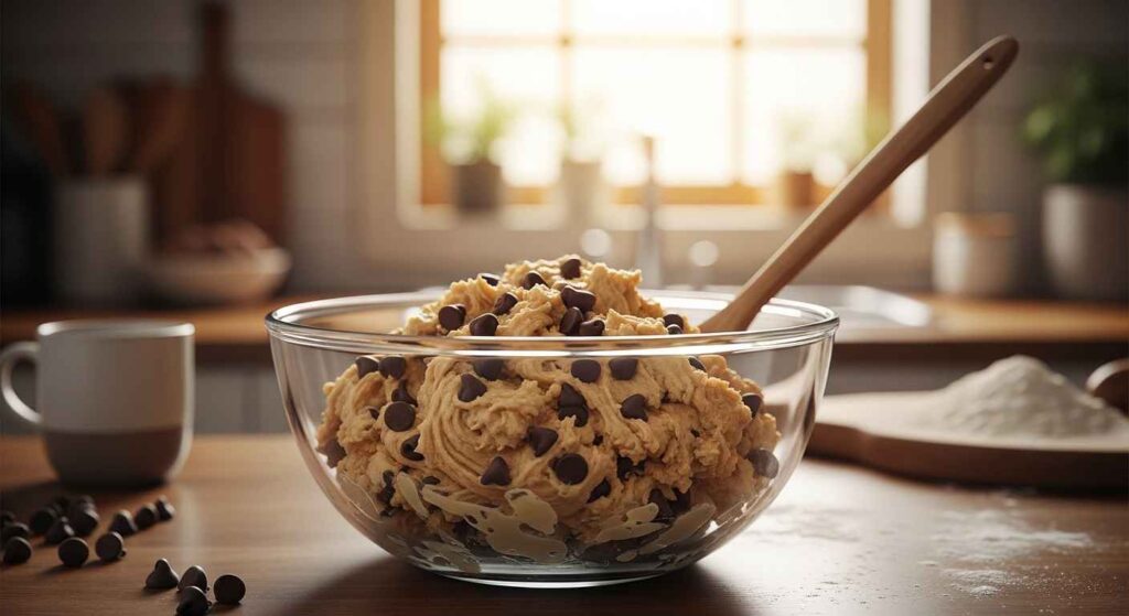 Bowl of chocolate chip cookie dough being stirred.