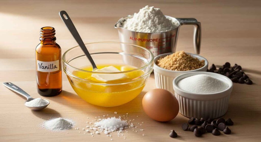 Ingredients laid out for homemade chocolate chip cookie recipe.