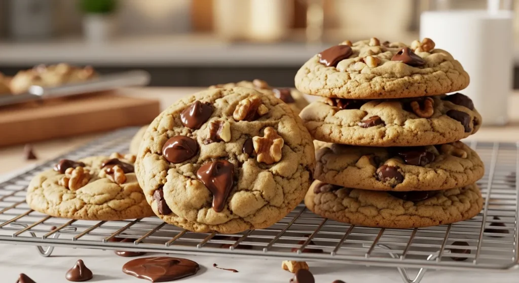 Golden-brown chocolate chip walnut cookies on a wire rack.