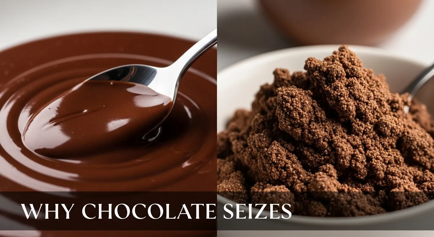 Thumbnail showing why chocolate seizes with melted and clumped examples.