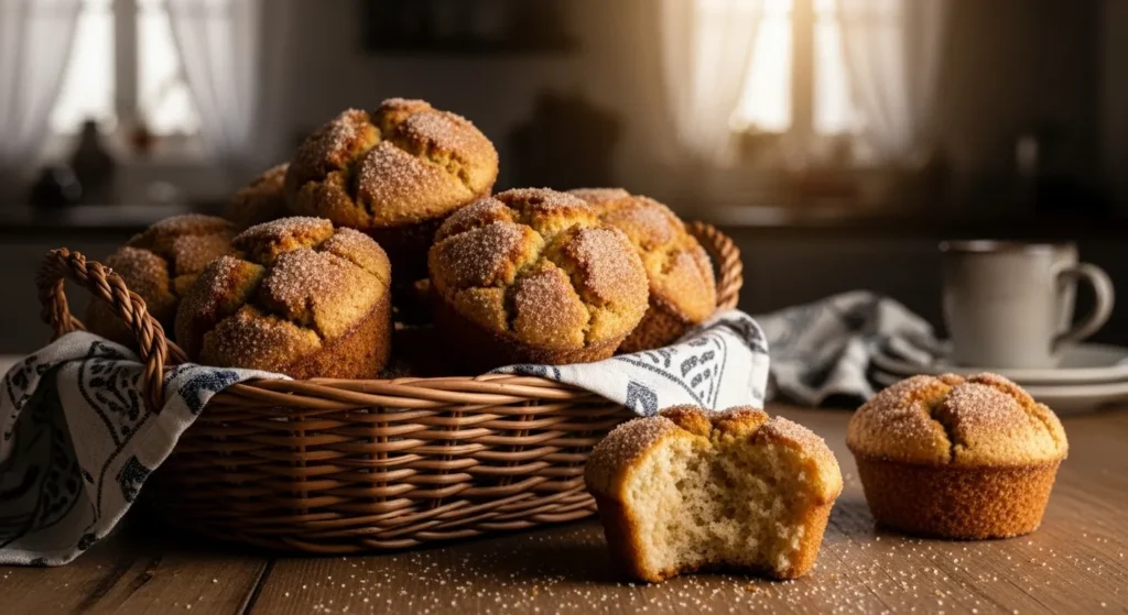 Basket of cinnamon sugar donut muffins on a wooden table