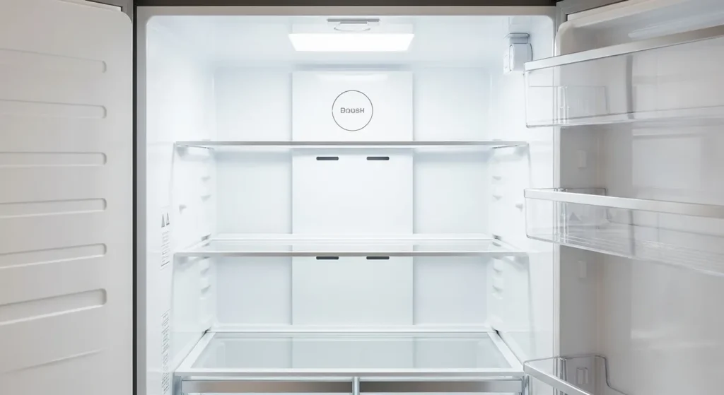 Empty freezer after cleaning with shiny surfaces.