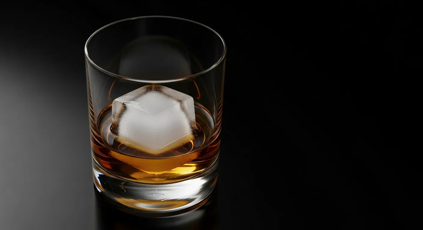 Crystal clear ice cube in a whiskey glass for blog thumbnail.