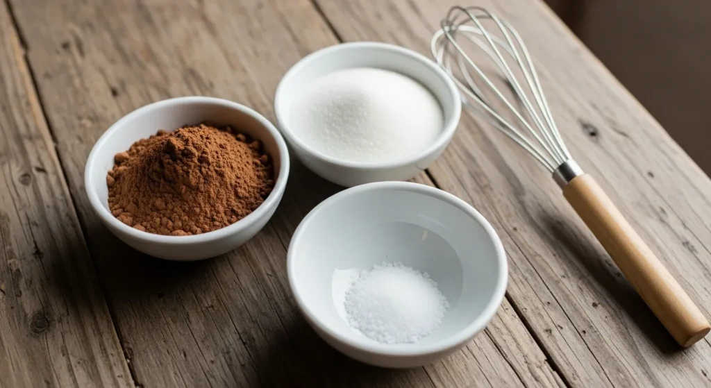 Three bowls with cocoa powder, sugar, and salt on a wooden table.