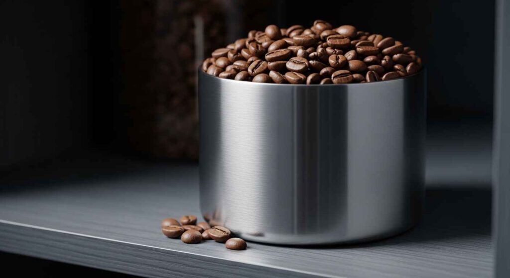 Opaque airtight container filled with whole coffee beans on a pantry shelf