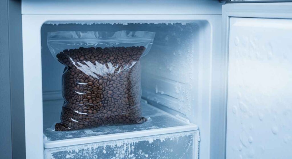 Airtight plastic bag with coffee beans in a freezer