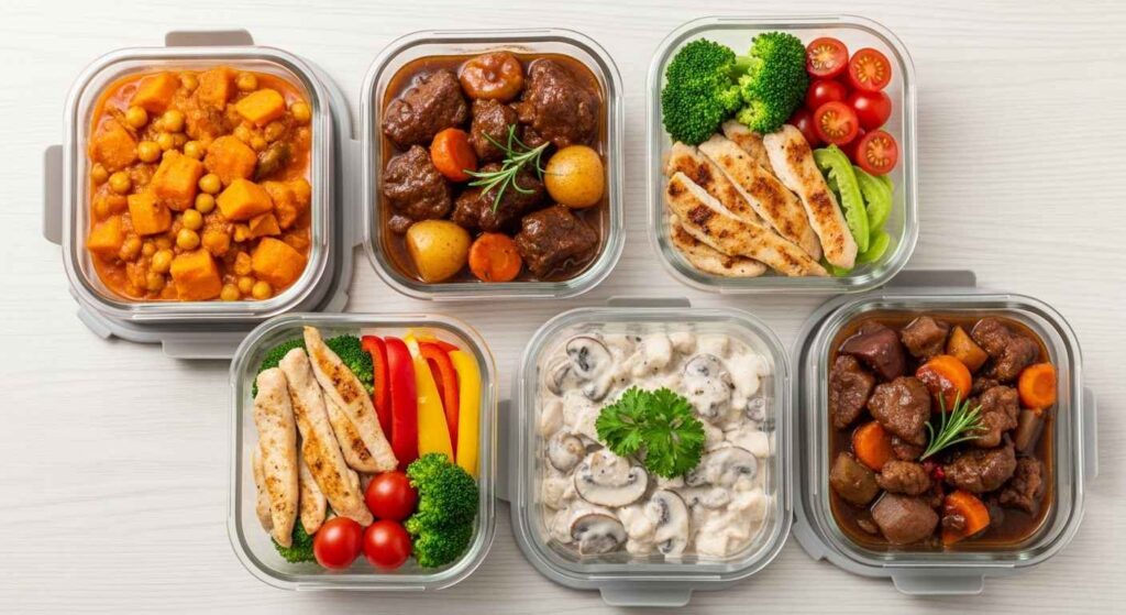 Array of five different slow cooker meals in glass containers showing chicken burrito bowls, beef stew, lentil curry, Italian chicken, and pork stew