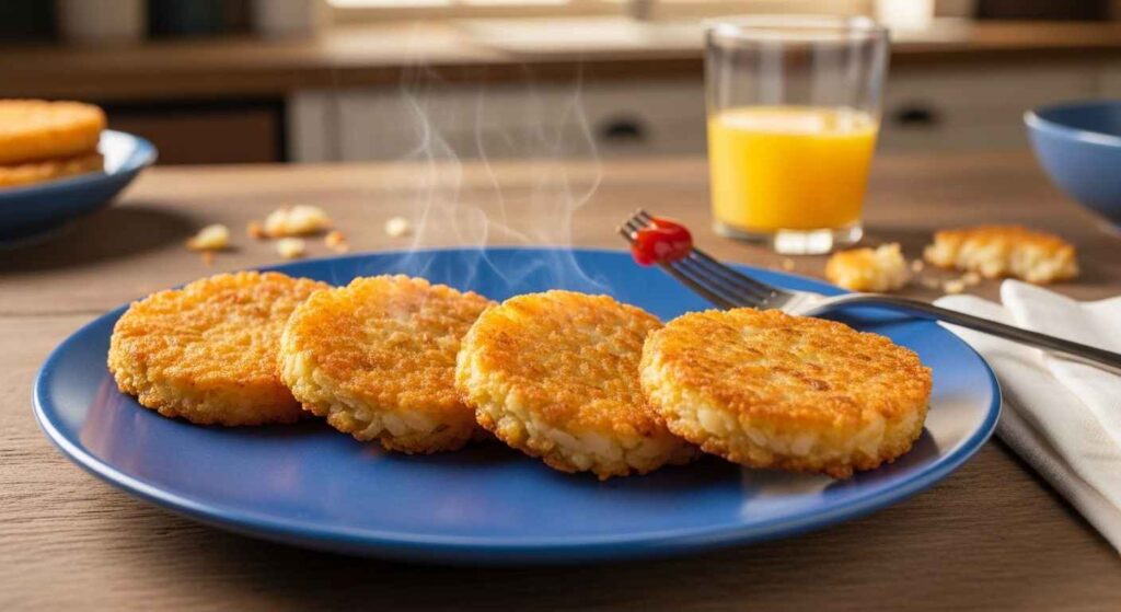 Golden crisp hash brown patties on a plate.