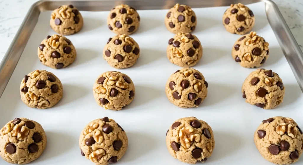 Cookie dough balls with chocolate chips and walnuts on a baking sheet.