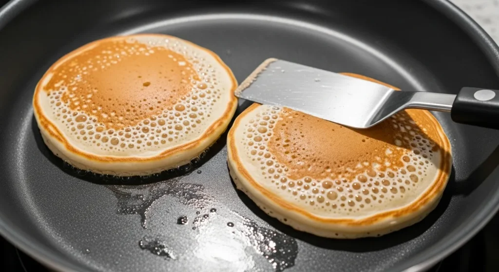 Pancakes cooking on a non-stick skillet with bubbles on top.
