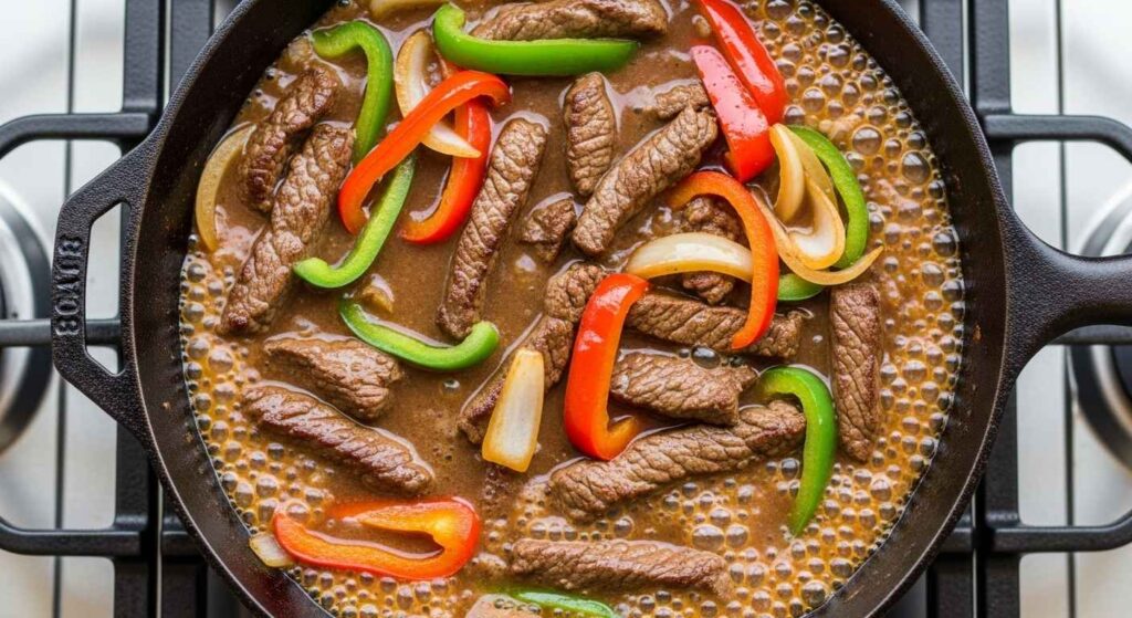 Skillet with beef strips, colorful peppers, and onion in thick gravy.