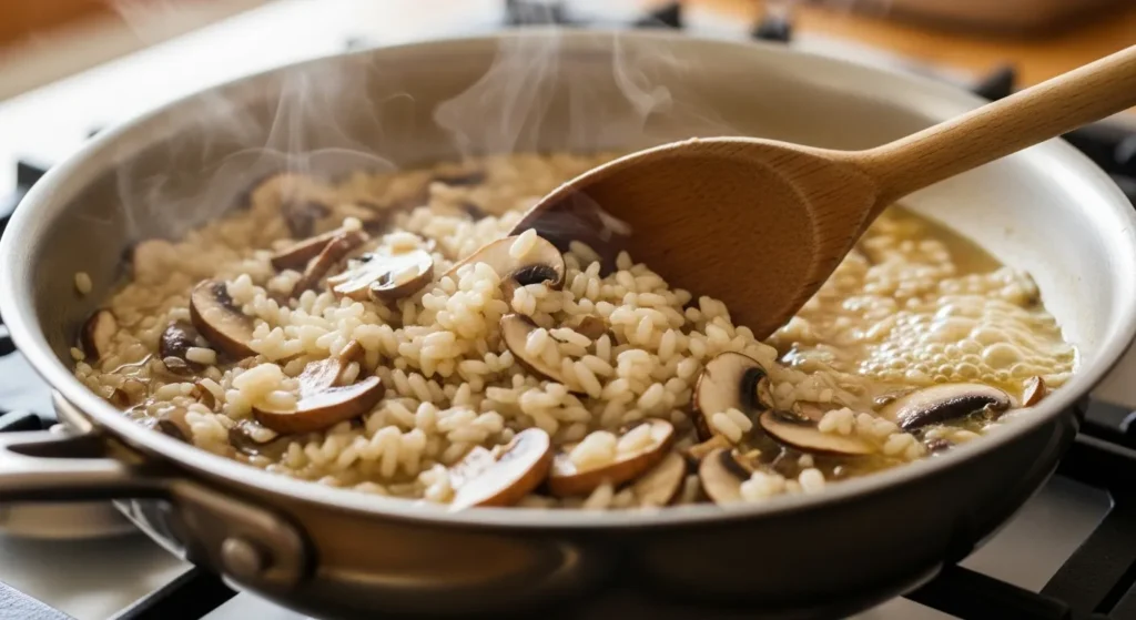 Pan with arborio rice, mushrooms, and broth being stirred.