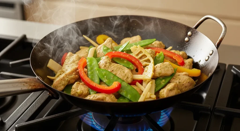 Chicken cooking in Thai green curry.