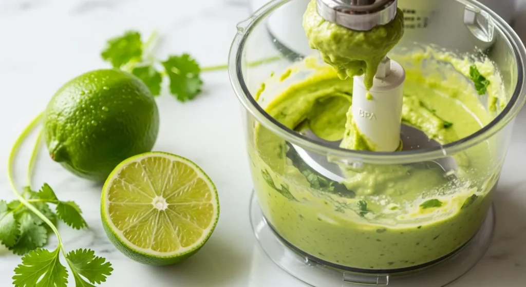 Blending creamy avocado dressing in food processor.