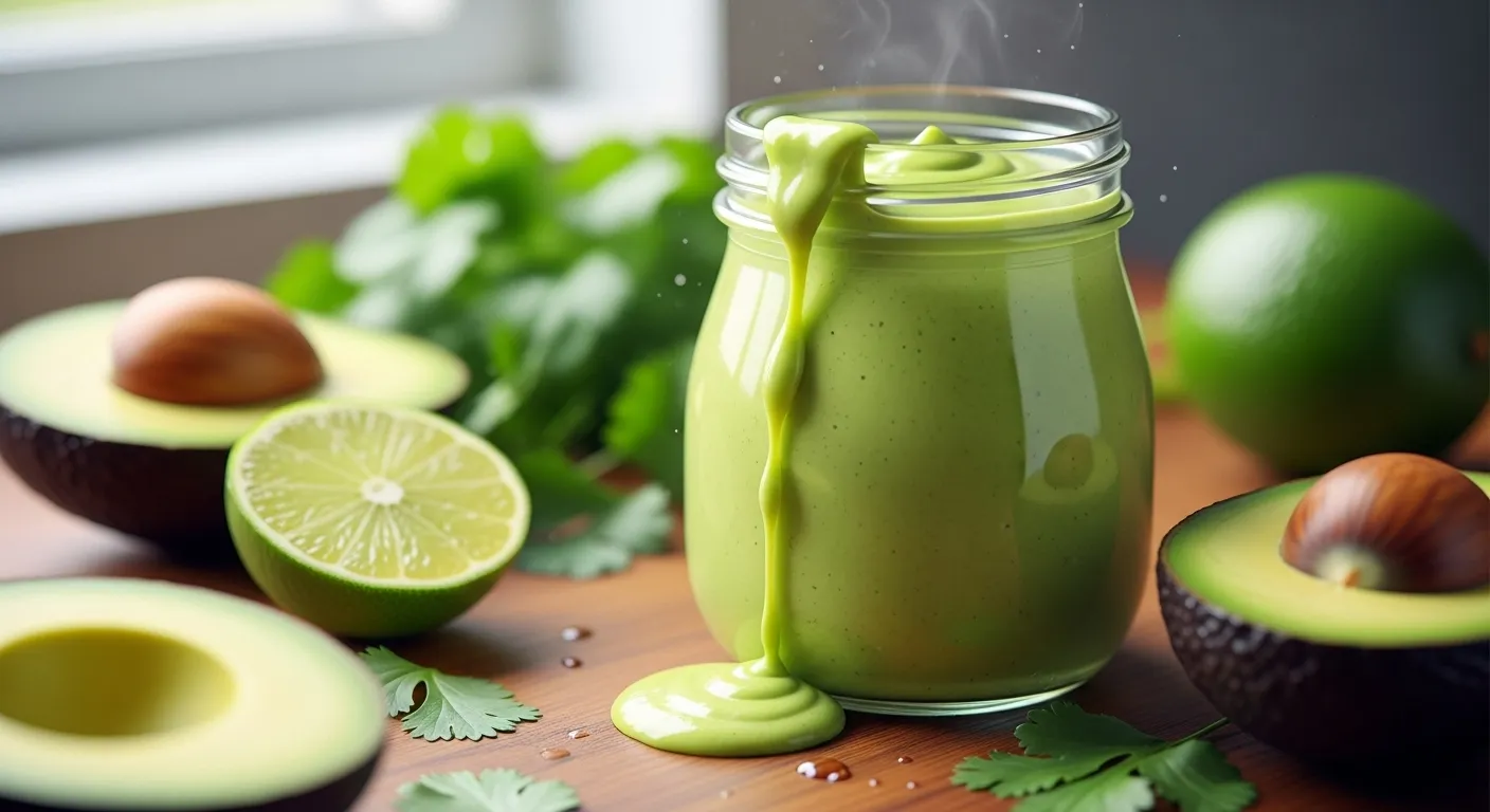 Vibrant thumbnail of creamy avocado dressing in jar with fresh ingredients.