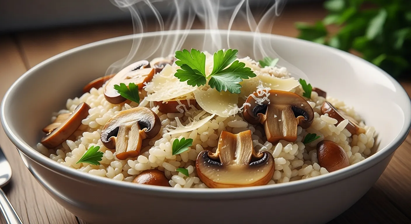 Close-up of beginner creamy mushroom risotto in a bowl with cheese and herbs.