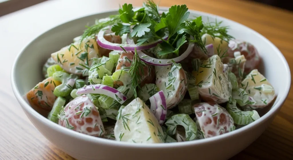 Creamy potato salad without mayo in a white bowl.