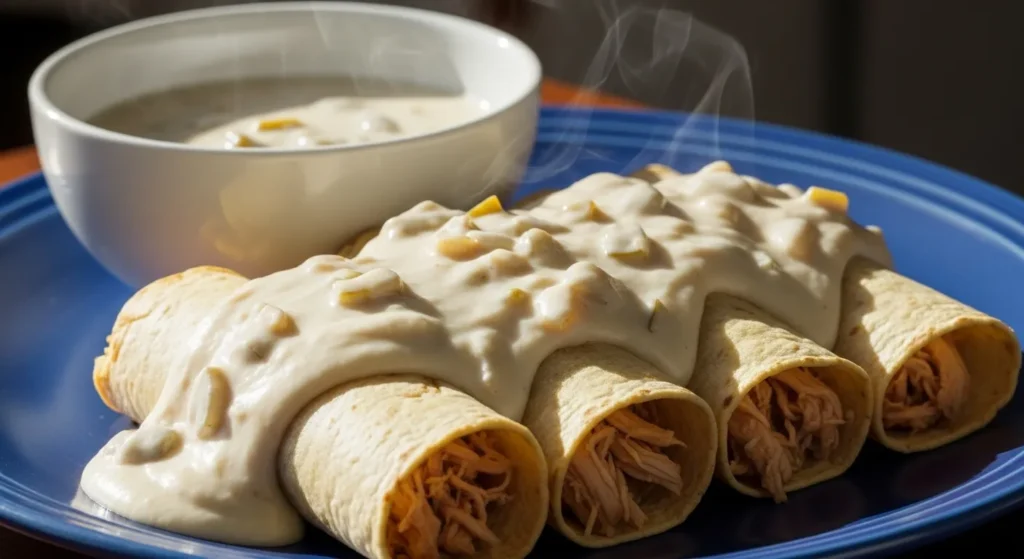 Bowl of homemade sour cream enchilada sauce on enchiladas