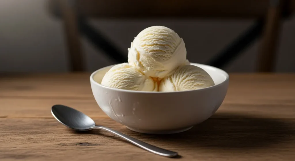 Scoops of creamy vanilla ice cream in a bowl.