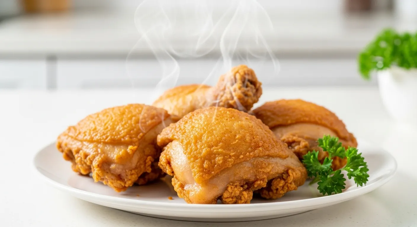 Golden fried chicken on a plate for blog thumbnail.