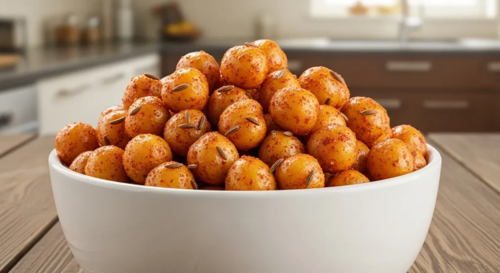 A bowl of golden, crispy roasted chickpeas with spices.