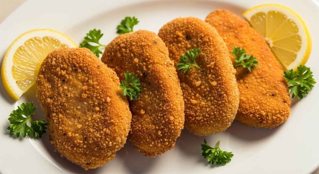 Crispy matzo meal coated chicken cutlets on a plate.