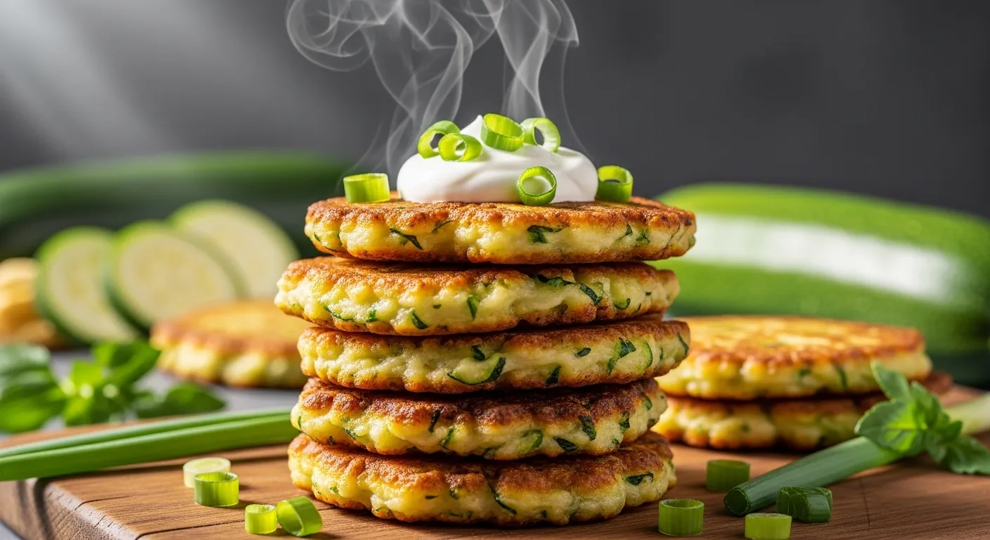 Stack of crispy zucchini fritters with sour cream.