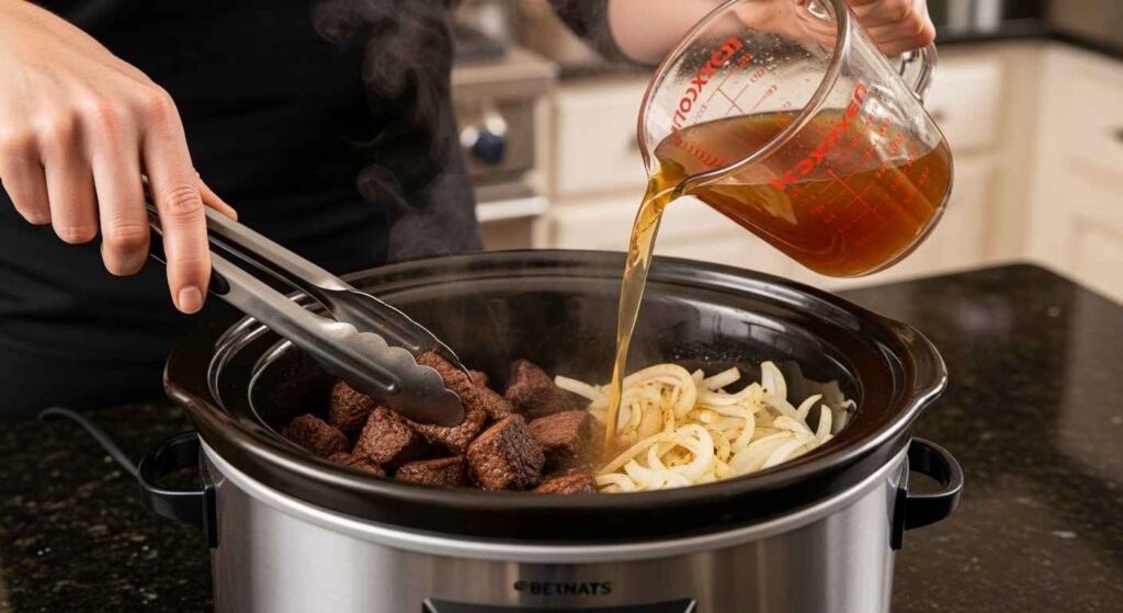 Assembling crock pot steak recipe with meat and veggies.