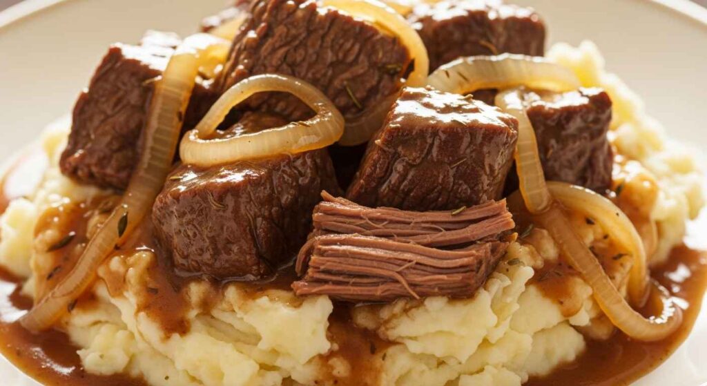 Tender crock pot steak with onions and gravy served on plate.