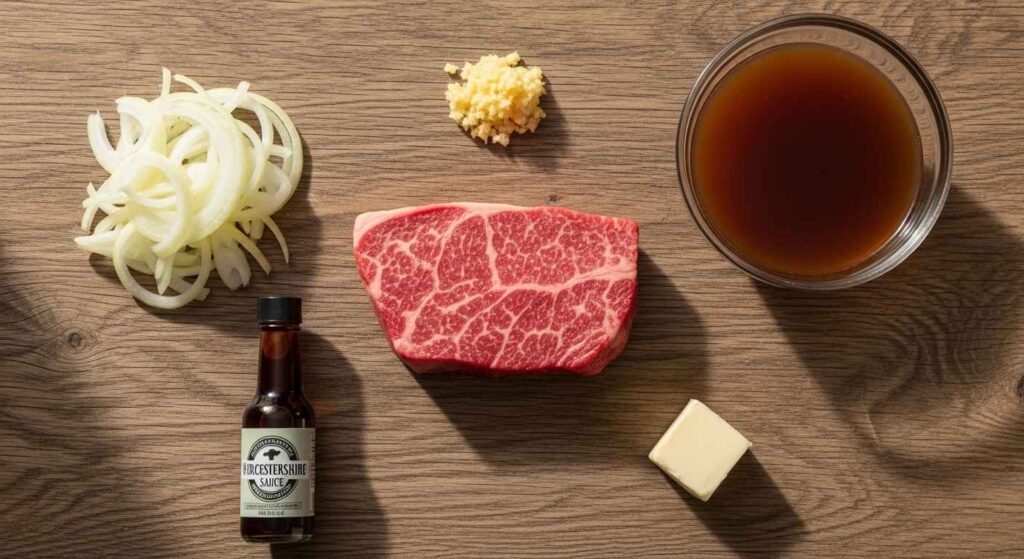 Ingredients for slow cooker steak including beef, onions, garlic, and broth.