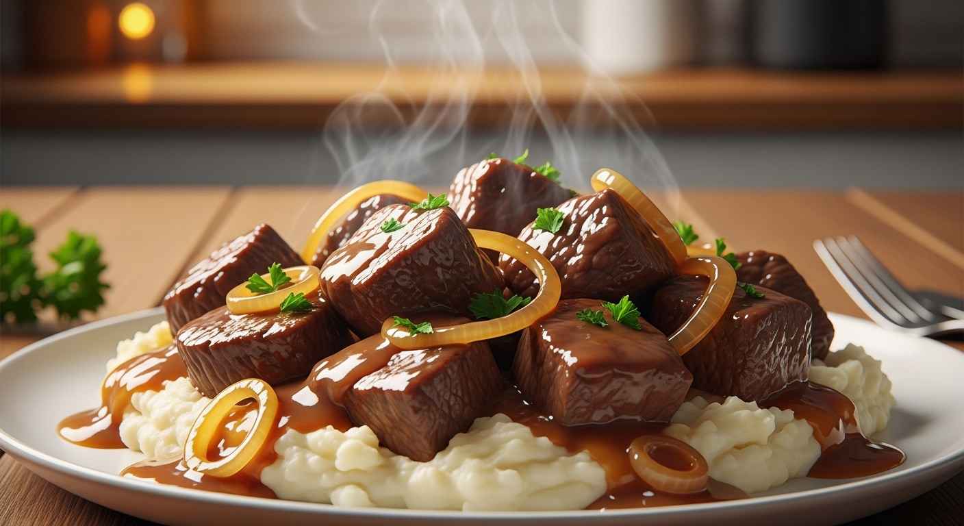 Thumbnail of tender crock pot steak with gravy and onions.