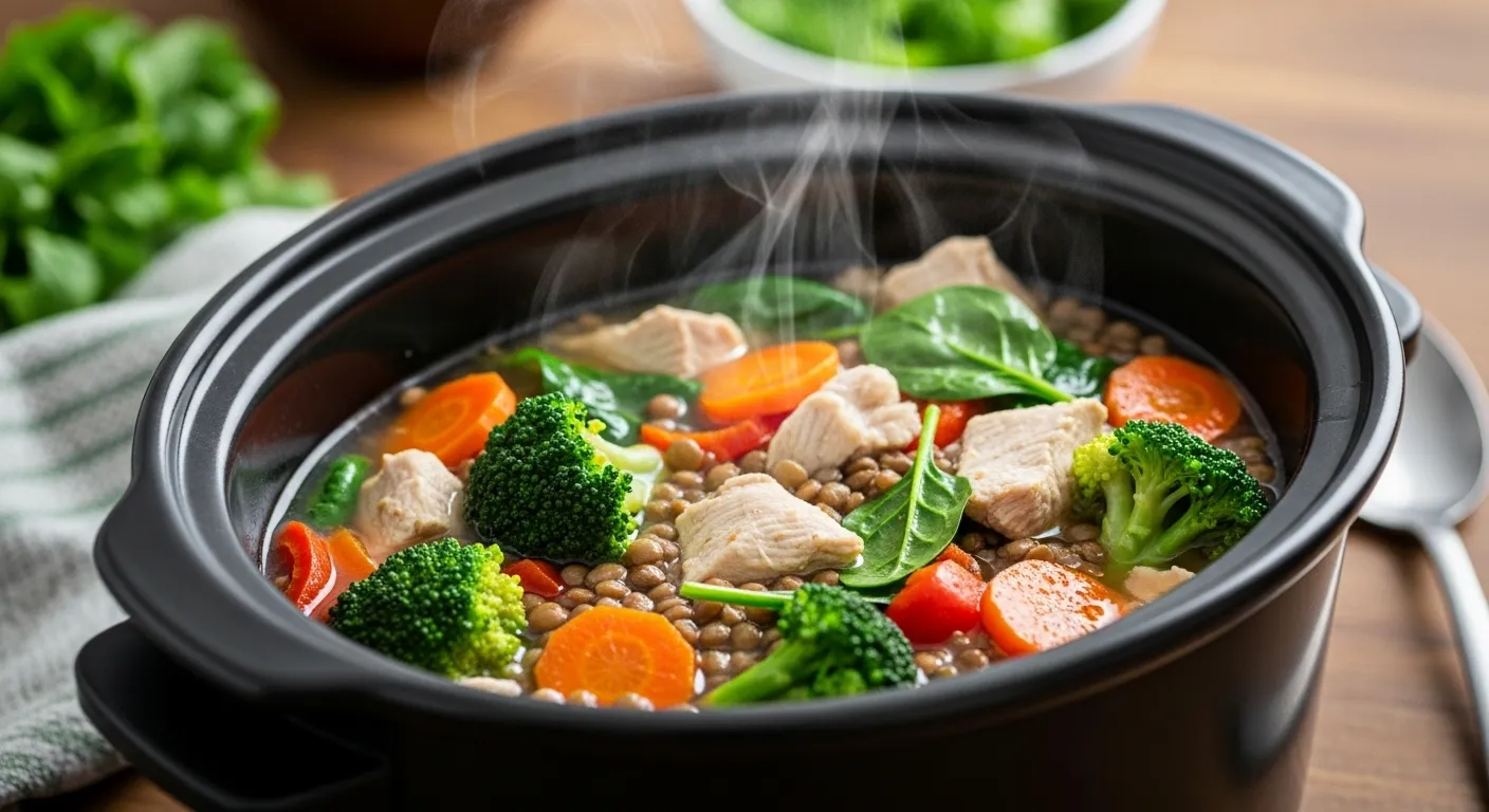 Thumbnail of colorful healthy crockpot recipe with veggies and protein.