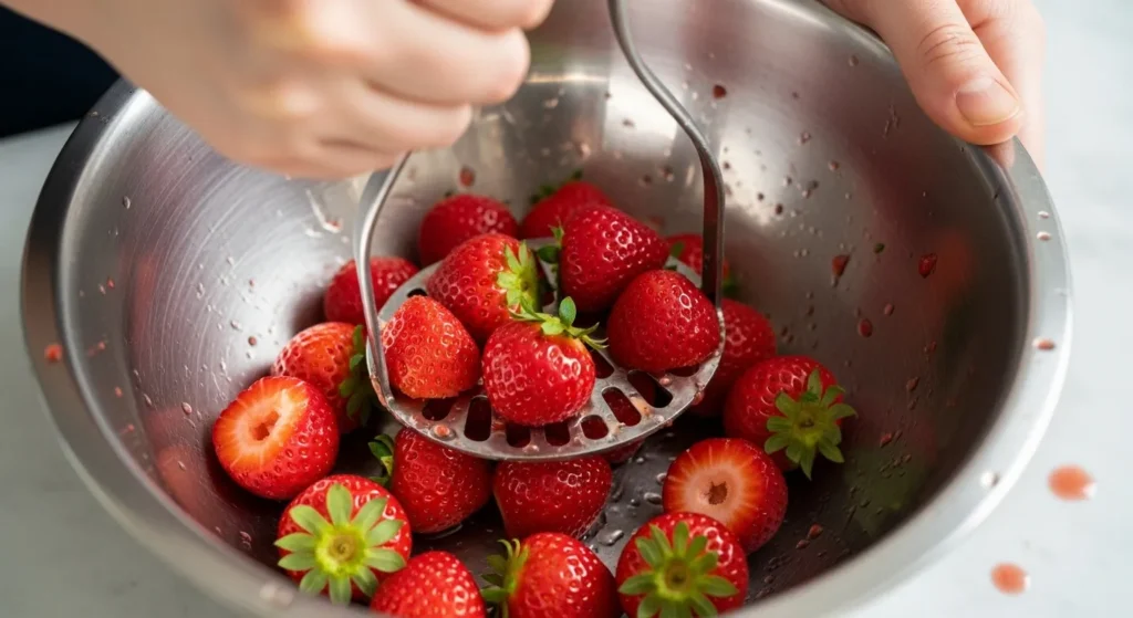Hands mashing strawberries in a bowl.