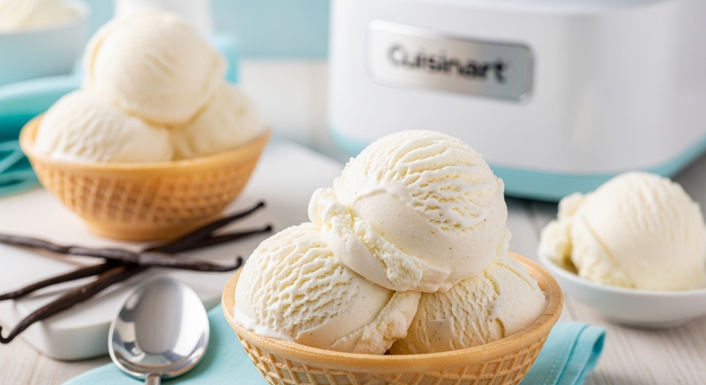 Homemade vanilla ice cream thumbnail for Cuisinart recipe.