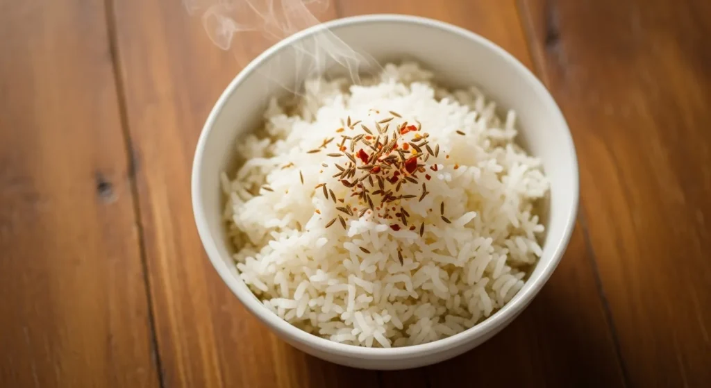 Cooked rice dish featuring bloomed spices for added flavor.