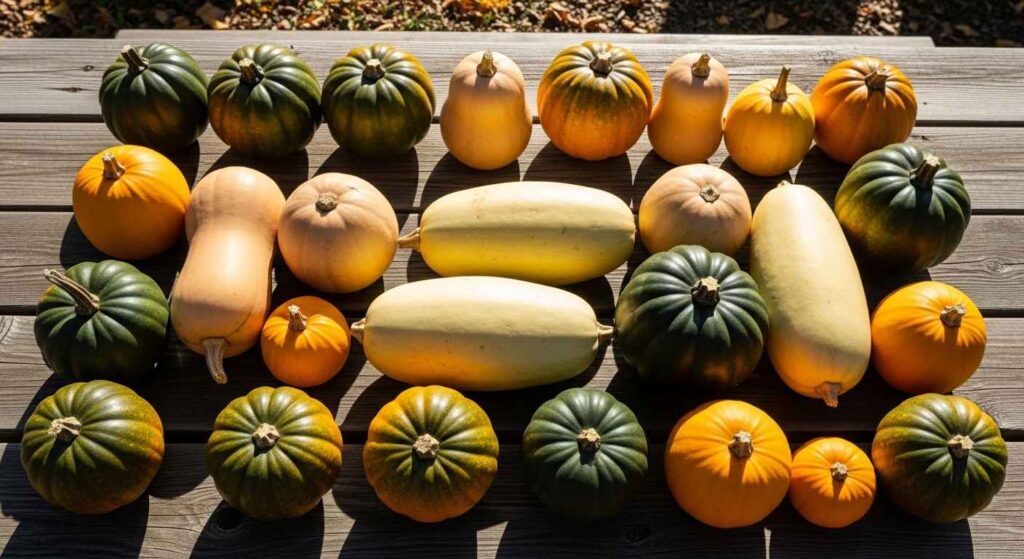 Squash curing on a wooden surface outdoors.