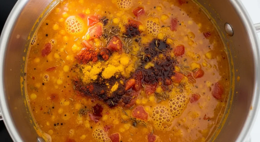 Pot of Indian daal cooking with vibrant spices.