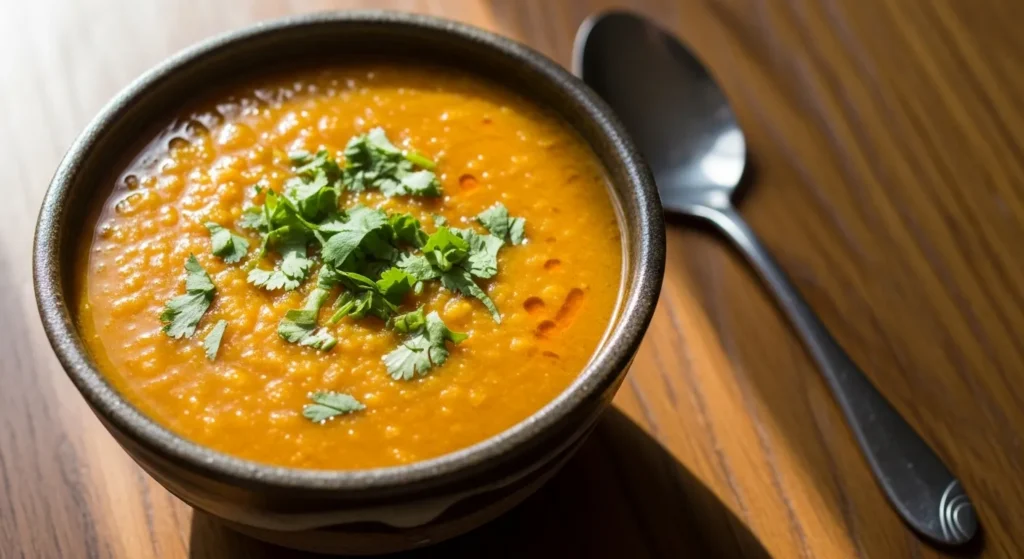 Bowl of red lentil daal with cilantro garnish.
Bowl of red lentil daal with cilantro garnish.
Bowl of red lentil daal with cilantro garnish.