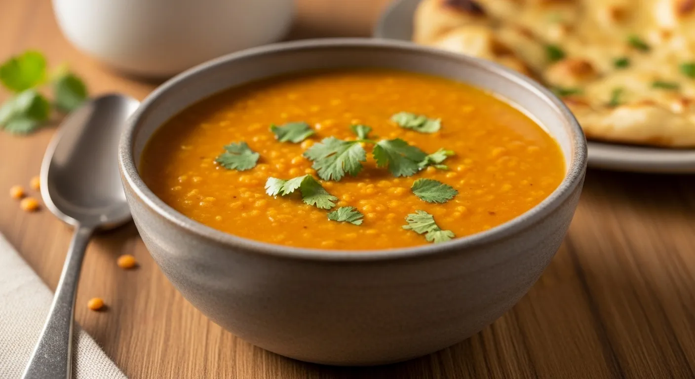 Thumbnail of red lentil daal in a ceramic bowl with cilantro.