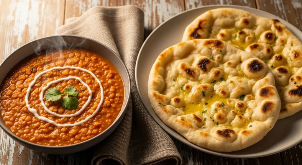 Bowl of daal with naan on a wooden table.