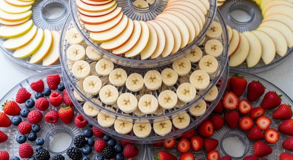Dehydrator trays filled with sliced apples, bananas, and berries ready for drying