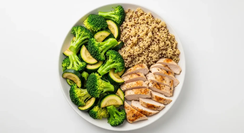 Diabetes Plate Method meal with non-starchy vegetables, lean protein, and high-fiber carbs.