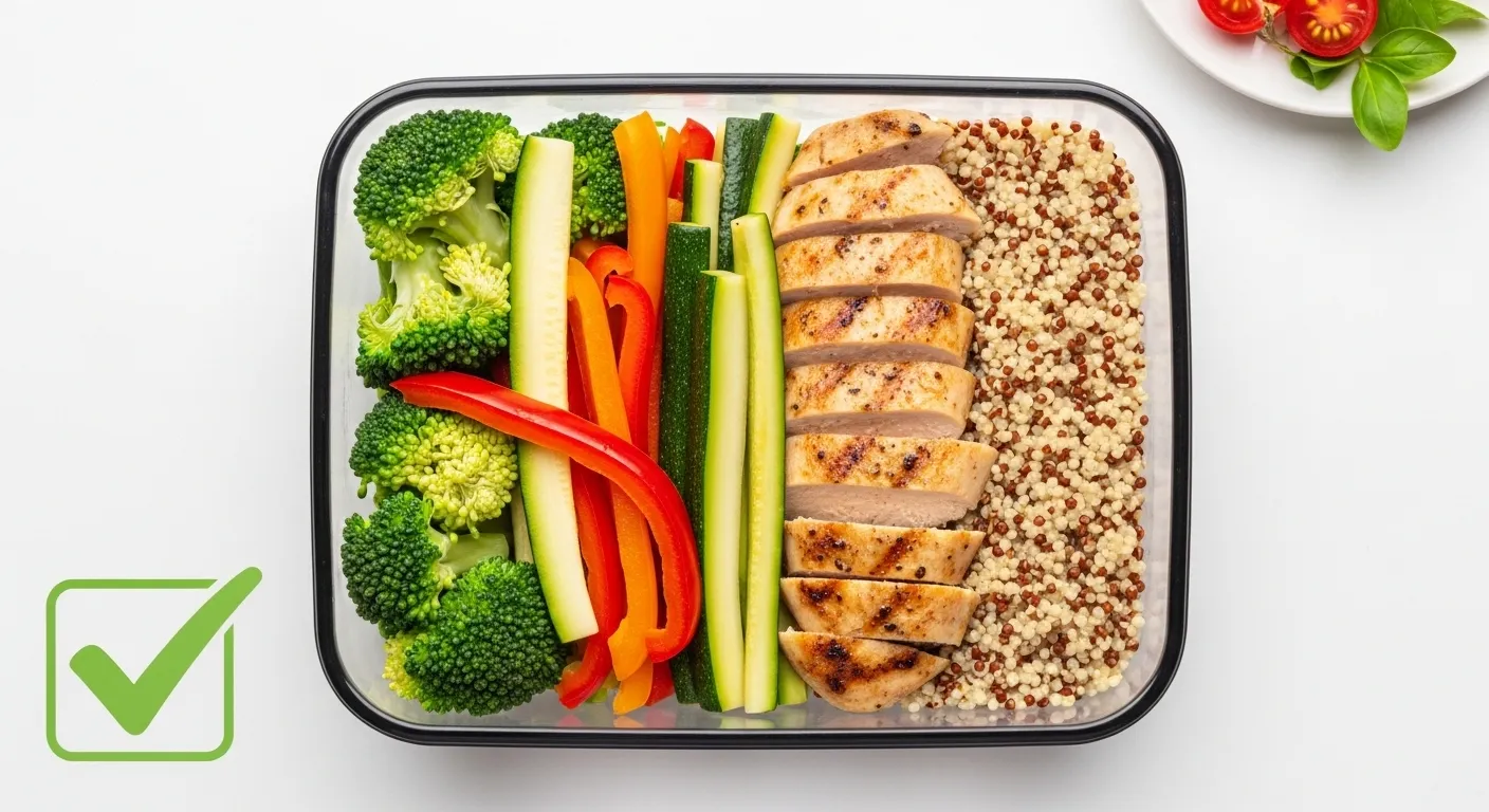 Thumbnail of diabetic meal prep with vegetables, chicken, and quinoa.