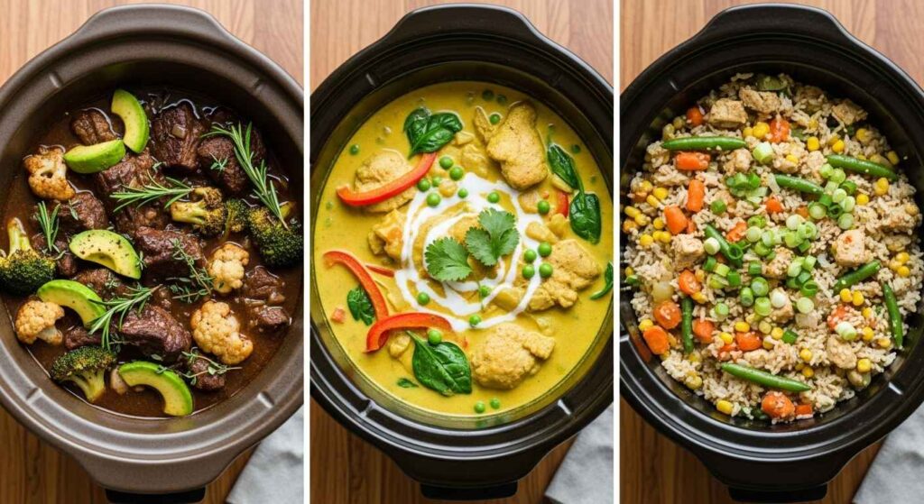 Three slow cooker meals showing keto, dairy-free, and gluten-free options with appropriate ingredients visible