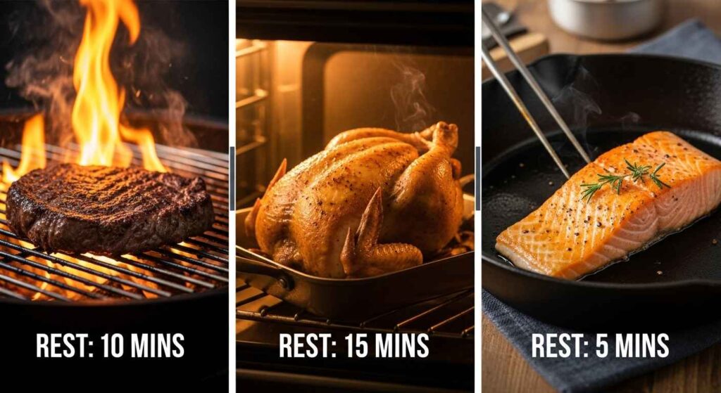 Collage showing grilled, roasted, and pan-seared meats with resting indicators