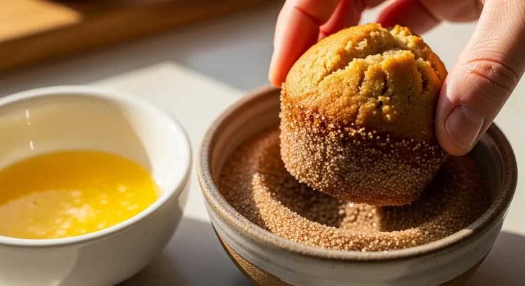 Hand dipping a muffin in a bowl of cinnamon sugar