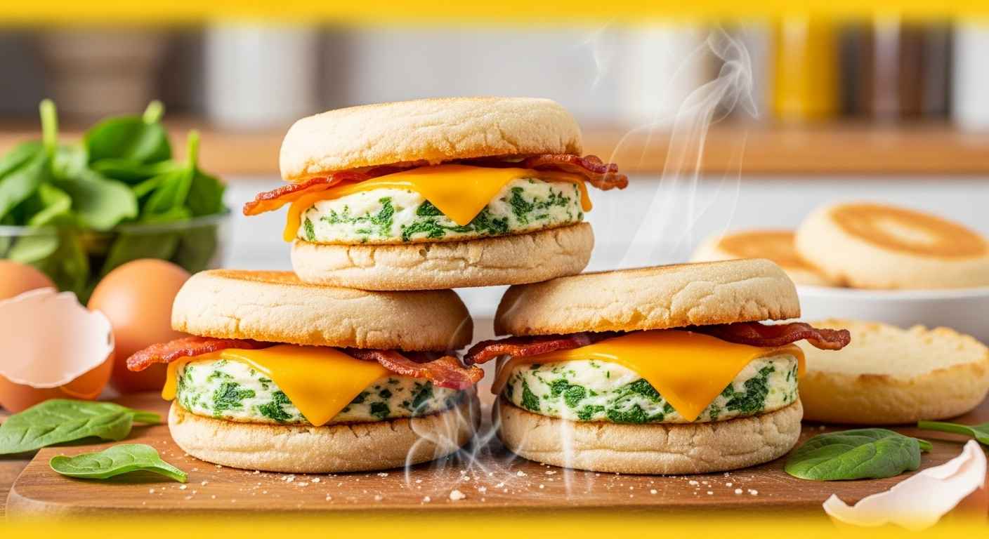 DIY frozen breakfast sandwiches thumbnail with eggs and bacon.