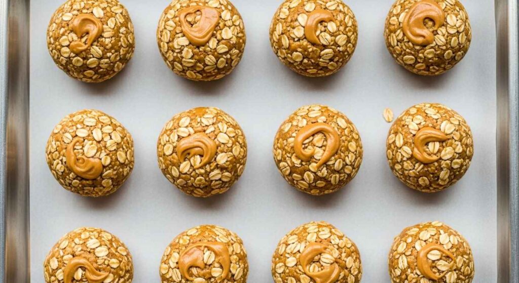 Raw peanut butter oatmeal cookie dough balls on baking sheet.