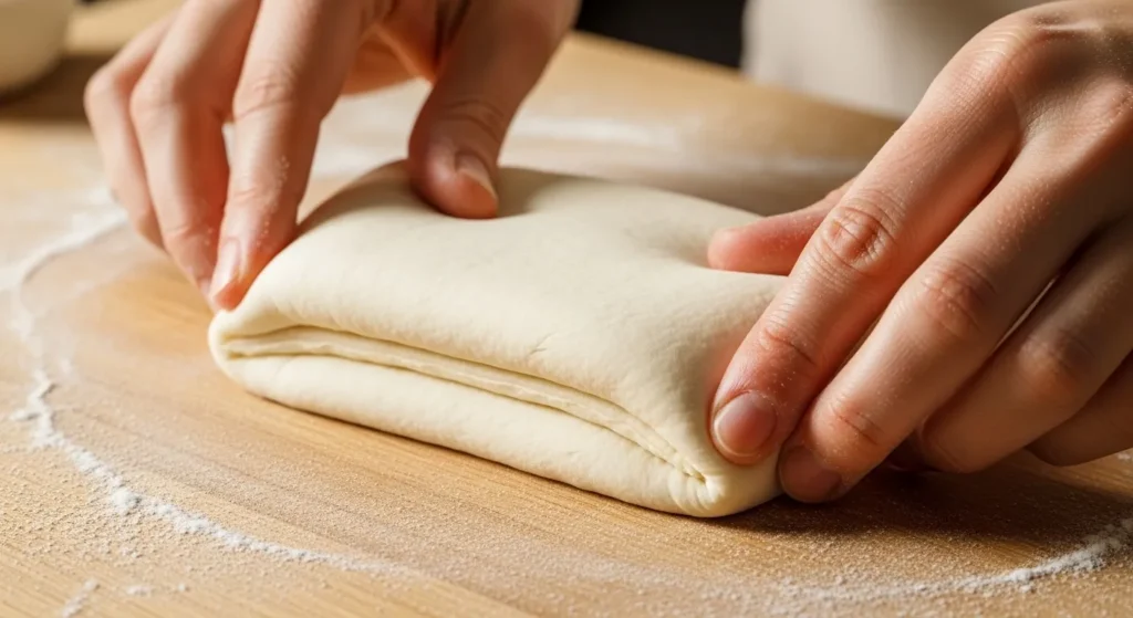 Hands folding biscuit dough on floured surface.