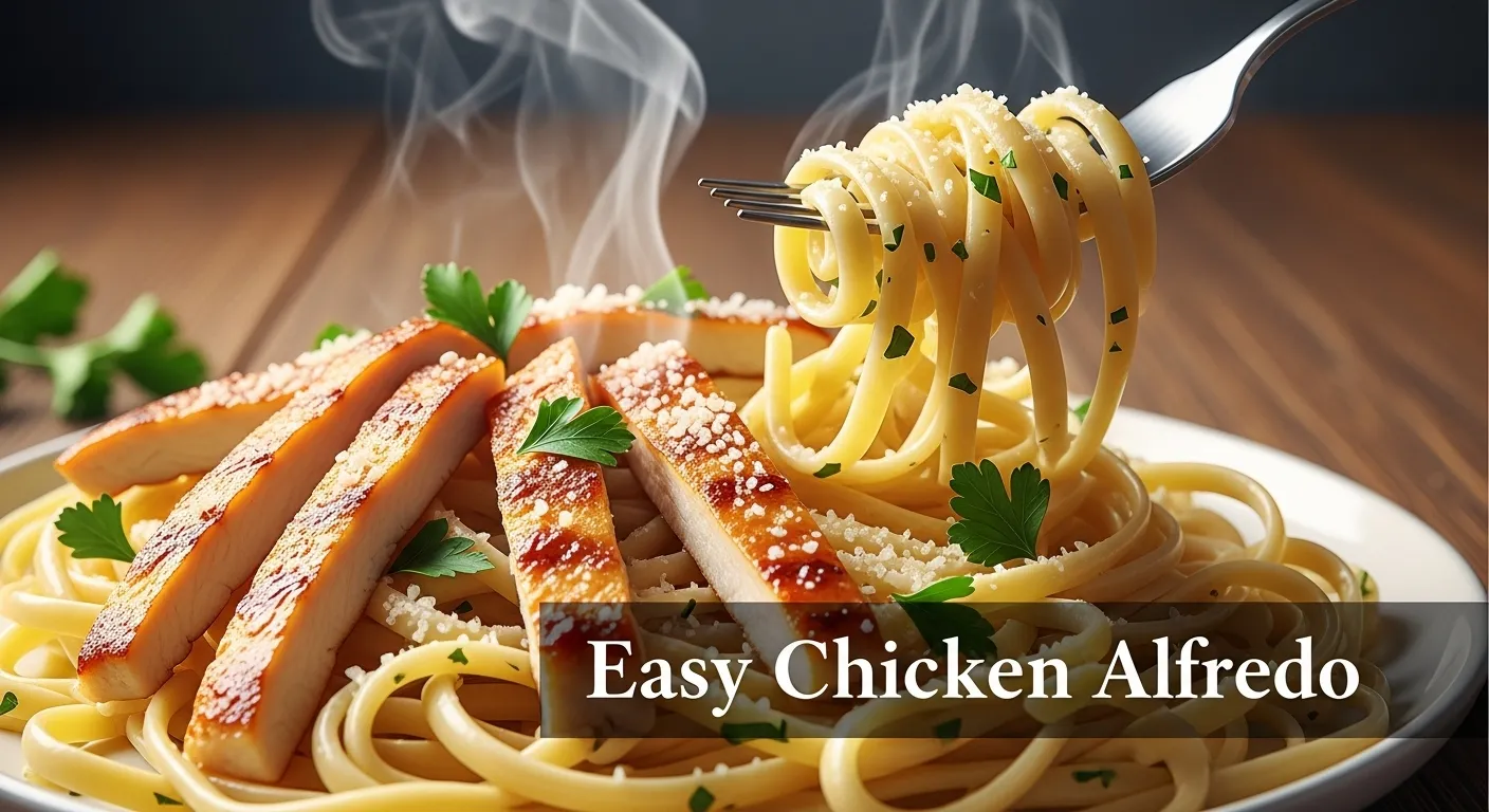 Thumbnail for easy chicken Alfredo recipe blog post.